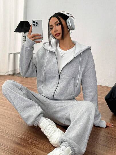 Rina Fox Plus Size Women Autumn Gray Hooded Zip-Up Sweatshirt And Sweatpants Sports Suit