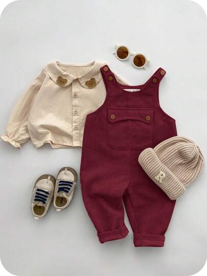 SHEIN Casual Sports Cute & Dropped Shoulder Loose Baggy Pocket Bib Overall Pants, Suitable For Baby Boys & Girls, Autumn/Winter