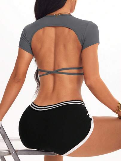 Easithlete Women's Fashion Backless Thin Strap Fitted Short Sports T-Shirt Cross Back Workout Top Open Back Athletic Top Open Back Workout Top Workout Crop Top Open Back Short Sleeve Workout Set Open Back Workout Shirt Fitness Dress