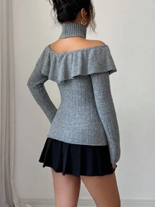 Elenzga Women's Halter Off Shoulder Ruffle Trim Sweater