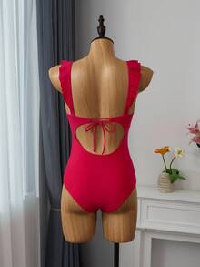 Bellisia 女士纯色细肩带连体泳衣，夏季时尚 - 紅色 - 查看 2