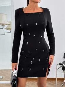 SHEIN Cottnline Women's Solid Long Sleeve Rhinestone Detailed Mini Dress - Black - View 6