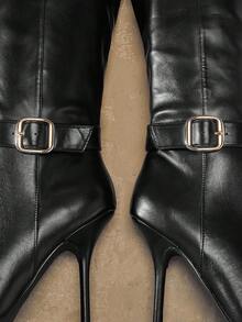 SHUZIA Glamorous Women's Black Faux Leather Pu Knee High Gold-Tone Hardware Pointed Toe High Heel Boot Fall Winter Holiday Shoe - Black - View 4