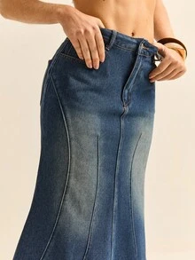 Daynim 女士休闲牛仔纽扣 A 字裙，百搭日常穿着 - 中等水洗藍 - 查看 3