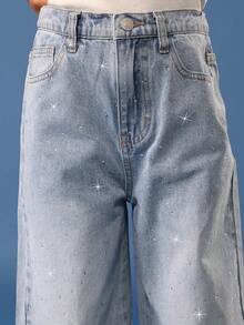 SUMWON Quần jeans denim ống rộng cotton đính pha lê lấp lánh họa tiết ngôi sao thời trang dự tiệc ngày lễ Bộ sưu tập thu đông Thời trang Y2K - Rửa nhẹ - Xem 6