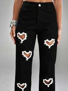 Denimoi Quần jean denim ống đứng cạp cao cắt đá hình trái tim - màu đen - Xem 2