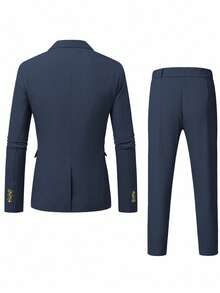 Calvornis 男士休闲商务两件套西装，纯色西装套装夹克和裤子，简约时尚休闲日常穿着婚礼西装舞会西装男士，适合情人节周年纪念日等场合，是送给男朋友或丈夫的绝佳礼物。 - 藏蓝色 - 查看 2