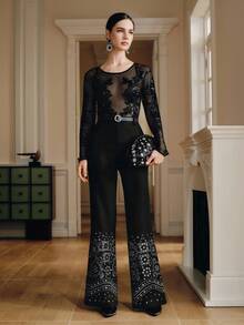 Anewsta Pantalones de oficina de cintura alta con bordados y decoración de rhinestones para mujer - Negro - Ver 6