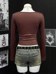 EgrlEra Women's V-Neck Punk Wing Print Long Sleeve Fitted T-Shirt - Coffee Brown - View 2