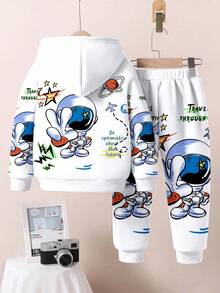 SHEIN 2 件套年轻男童休闲时尚经典时尚宇航员图案印花宽松套头连帽运动衫套装，适合秋冬季 - 彩色 - 查看 3