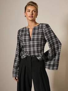 COSMINA Women's Elegant V-Neck Bowknot Decor Bell Sleeve Plaid T-Shirt, Autumn/Winter - Black - View 3