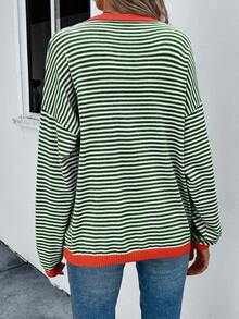EMERY ROSE Striped Pattern Contrast Trim Drop Shoulder Sweater Autumn Winter Clothes For Women - Green - View 2