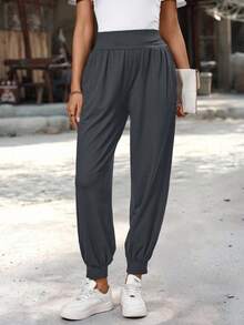 EMERY ROSE Women's Solid Color High Waist Pleated Pocket Drawstring Casual Pants - Grey - View 4