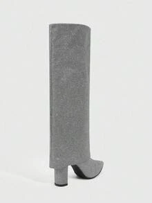 CUCCOO SZL 女士尖头粗跟灰色闪光面料双层设计时尚性感舒适日常派对场合侧拉链套穿踝靴 - 灰色 - 查看 4