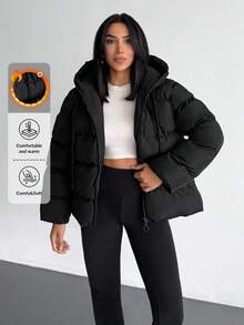 EURMUSE Solid Color, Zip Up, Hooded Winter Coat - Black - View 1