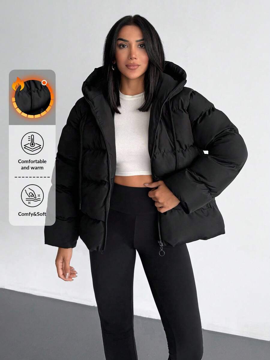 EURMUSE Solid Color, Zip Up, Hooded Winter Coat - Black - View 1