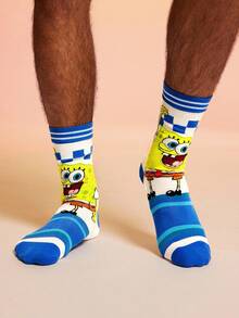 SpongeBob SquarePants | SHEIN 2 Pairs Cute Cartoon Men Soft & Breathable Moisture-Wicking Mid-Calf Socks Fashionable Casual Crew Socks Reinforced Toe & Heel Durability Unisex All Season All-Match Summer Winter,Patrick