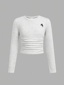 SHEIN Bộ đồ liền thân 2 món gồm áo len dài tay màu xám trơn đơn giản và quần dài cho bé gái tuổi teen, Bộ đồ liền thân thoải mái, tay dài, phù hợp mặc thường ngày vào mùa thu đông - Màu Xám nhạt - Xem 5