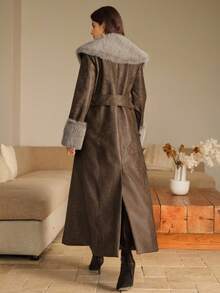 Anewsta Women's Leather Jacket With Fur Collar And Sleeves, Belted Design, Minimalist Long Style - Brown - View 2