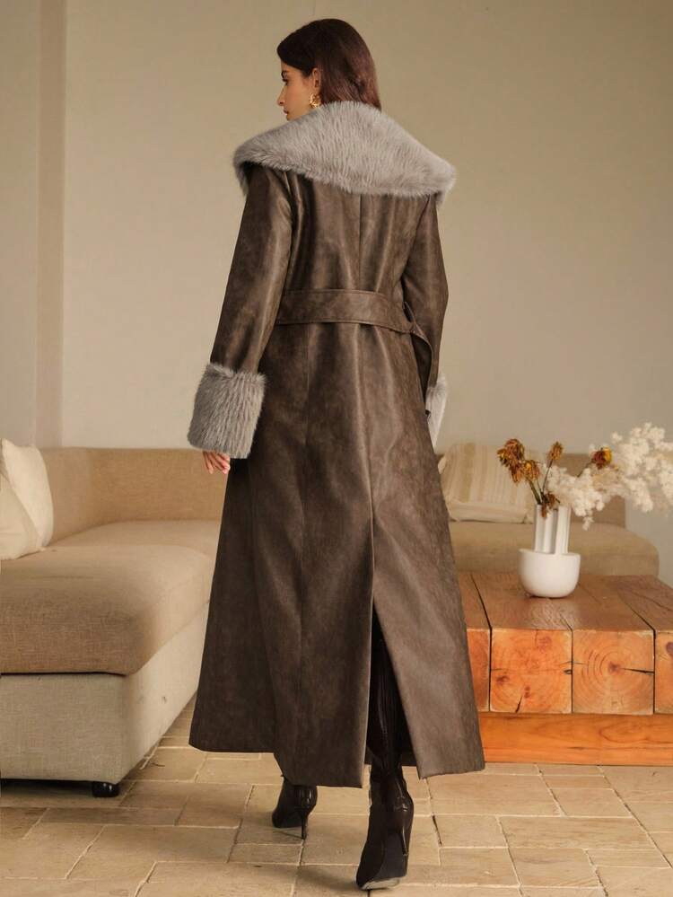 Chaqueta para mujer con cuello y mangas de piel, diseño con cinturón, estilo minimalista y largo