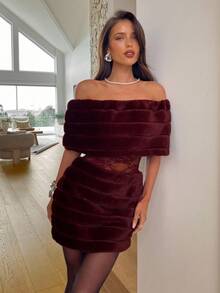 Aloruh Women's Burgundy Autumn Elegant Seksi Chic Night Out Off Shoulder Faux Fur Lace Patchwork Bodycon Mini Birthday Dress,Luxury Evening Party Dresses - Burgundy - View 3