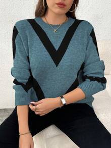 Elenzga 大码女式休闲时尚修身圆领长袖提花针织套头衫，秋冬 - 霧霾藍 - 查看 1