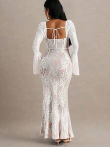 MaterniChic Autumn And Winter  Maternity Floral Lace Sweetheart Neck Flare Sleeve Fitted Mermaid Hem Elegant Dress - Dusty Pink - View 2