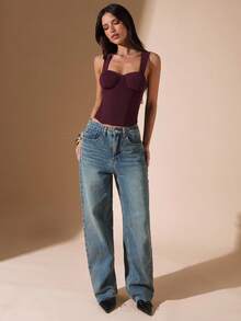 SHEIN BAE Áo dệt kim lưới đơn giản màu đỏ rượu vang dành cho nữ mùa thu, quần áo mùa đông cho nữ, trang phục Halloween cho nữ, quần áo Giáng sinh cho nữ, áo gợi cảm, áo corset đỏ, áo corset màu đỏ rượu vang. - màu nâu - Xem 3