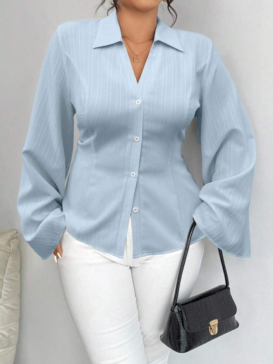 Elenzga 大码女式休闲通勤纯色 V 领单排扣喇叭袖修身衬衫，春秋季 - 藍色 - 查看 1