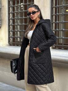 EURMUSE Hooded Quilted Jacket With Front Flap Pockets, Rhinestone Stitch Pattern, Functional Outerwear , Urban Casual Style - Black - View 4