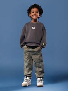 SUMWON Cotton Kids Pull On Camouflage Print Barrel Jeans Relaxed Fit Autumn Winter Denim Pants With New York Logo Print Comfort Waistband Fall - Army Green - View 3
