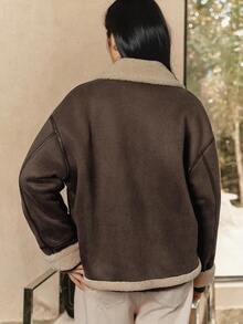 Dazy-Less 女士时尚百搭常规款夹克，秋冬季保暖内衬女式外套 - 棕色 - 查看 2