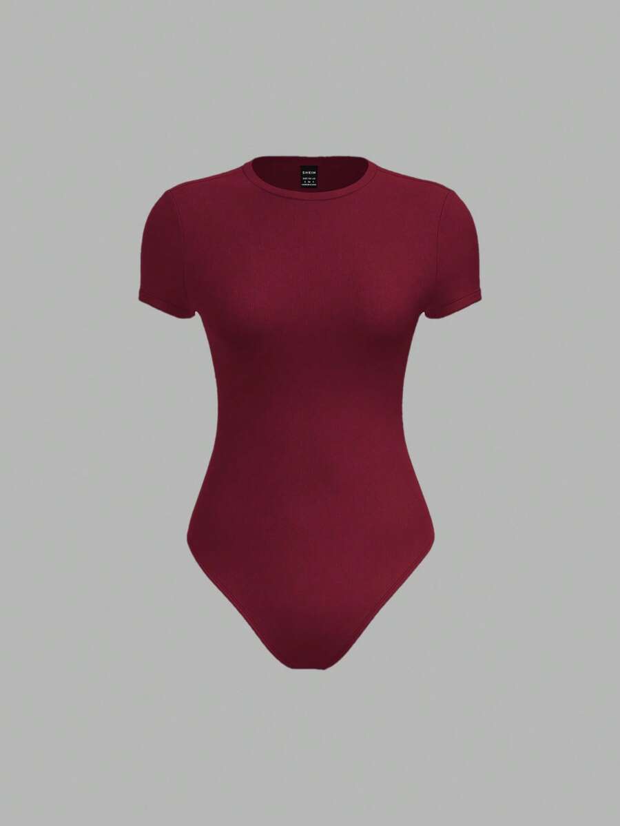 SHEIN BASICS Casual Solid Color Knit Crew Neck Short Sleeve Bodysuit For Women Summer Outfit For Women