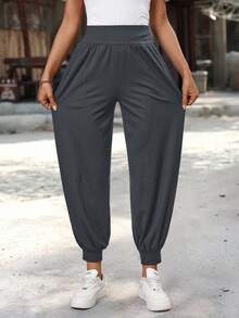 EMERY ROSE Women's Solid Color High Waist Pleated Pocket Drawstring Casual Pants - Grey - View 6