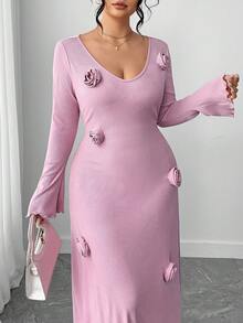 Elenzga Abito aderente a maniche lunghe con decorazione floreale 3D per taglie forti