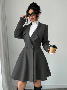 Elenzga Áo khoác ngoài thanh lịch, tay dài, hai hàng khuy, màu trơn dành cho nữ, mùa thu/đông - Màu xám đen - Xem 3