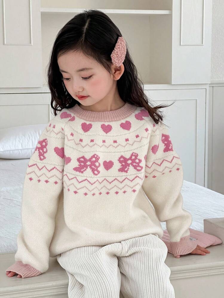 Girls' Fashion Heart & Bow Decor Crew Neck Sweater, Autumn/Winter