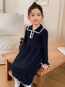 DAZY Gaun Rajut Kasual Anak Perempuan dengan Warna Kontras dan Hiasan Ruffle, Musim Gugur/Dingin - Navy Blue - View 1