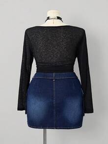 Sunspun Plus Size Women Cowgirl, Elastic Backpack Buckle Strap Sexy Mini Denim Skirt, Autumn - Dark Wash - View 2