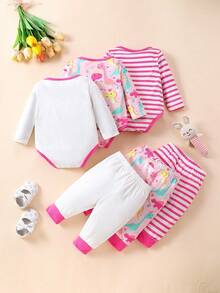 SHEIN 新生兒女寶男寶恐龍條紋印花連身褲套裝