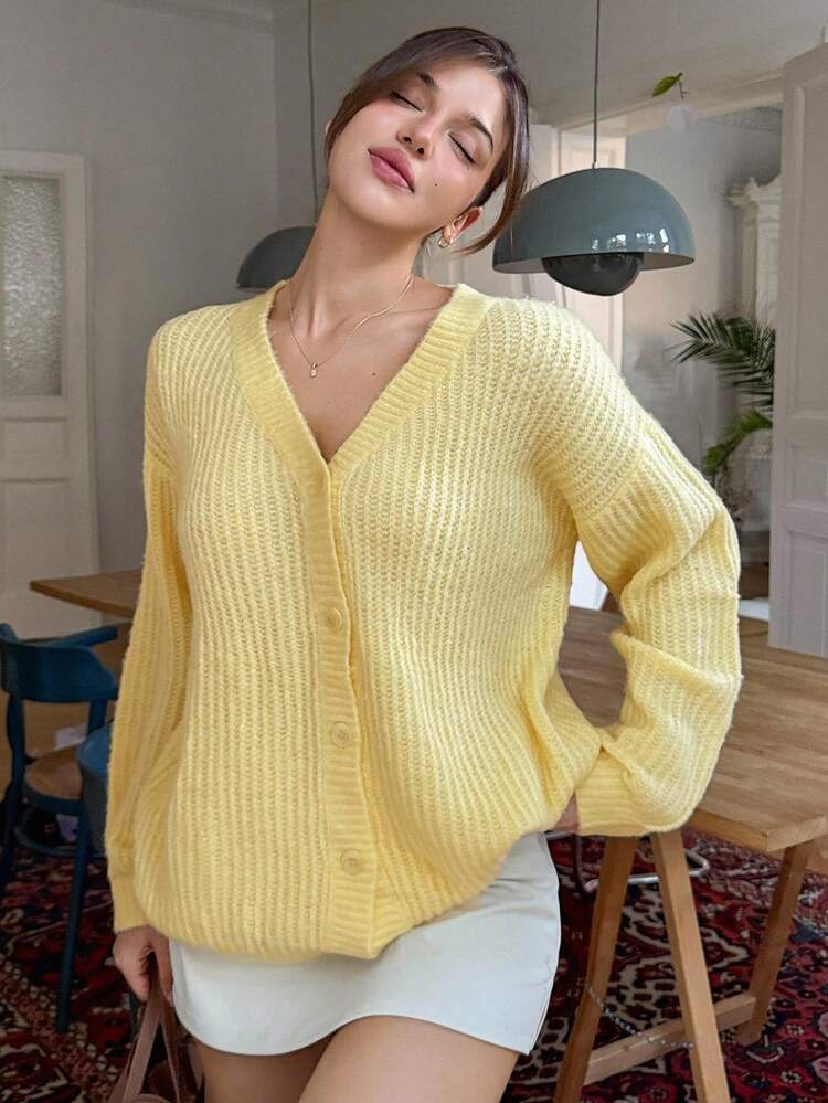 Women's Loose Casual Elegant Solid Color Minimalist Long Knit Cardigan, Cream Yellow, Autumn/Winter