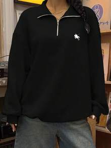 SHEIN EZwear Women's Loose Fit Pony Print Half Zip Sweatshirt, Suitable For Autumn/Winter,Fall - Black - View 3