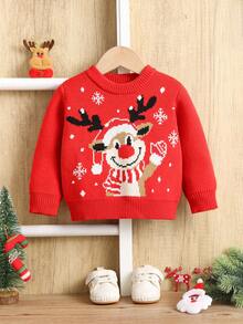 SHEIN Family Matching Outfits Mommy And Me (4 Pieces Sold Separately) Baby Boy Baby Girl Casual Cute Christmas Reindeer Antler Santa Hat Christmas Reindeer Red Ugly Christmas Sweater Crew Neck Knit Pullover Suitable For Autumn/Winter, Home, Outings, Christmas Party, Festival, Christmas Jumper, Christmas Party, Christmas Sweater, Winter Clothes, Long Sleeve Top - Red - View 5