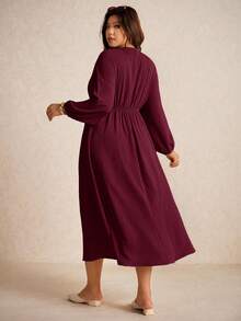 Elaquor Vestido de manga farol de unicolor para talla grande, casual y de uso diario - Burdeos - Ver 2