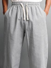 SUMWON 棉质宽松阔腿细条纹裤抽绳腰部松紧带经典休闲家居服复古风格下装带口袋 - 灰色 - 查看 3