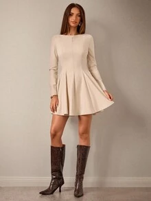 SHEIN BAE 杏色长袖修身荷叶边下摆迷你连衣裙，适合日常穿着、约会、派对、优雅鸡尾酒会、浪漫约会、聚会、正式活动、伴娘礼服、晚间外出 - 杏色 - 查看 5