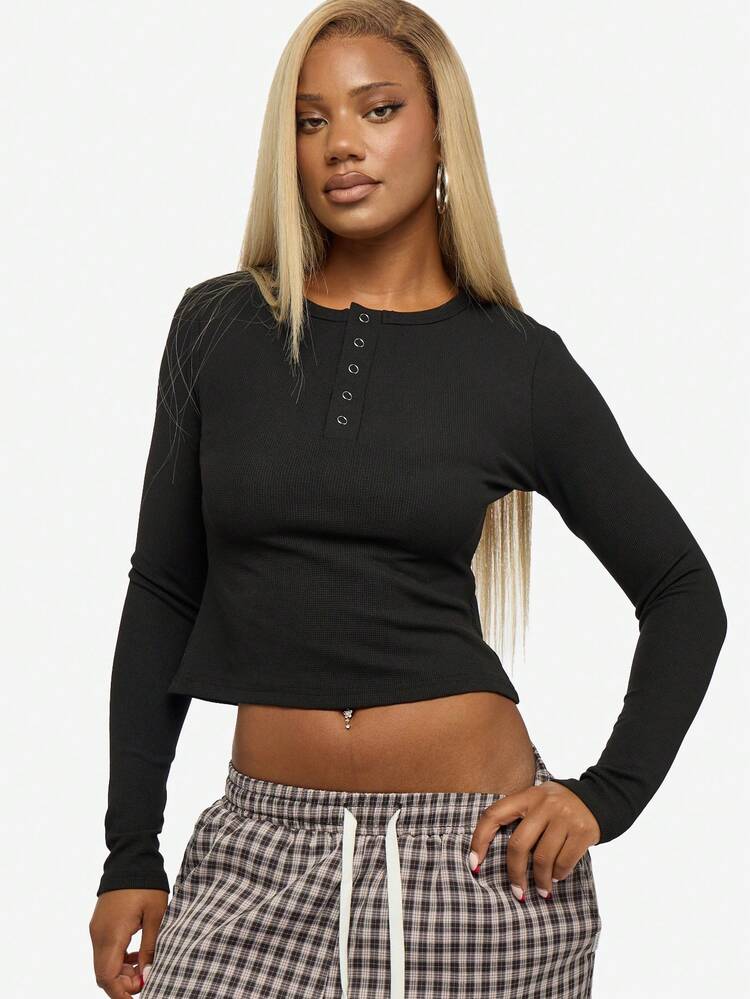 SUMWON WOMEN Long Sleeve Waffle Henley With Buttons