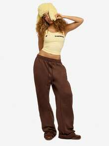 SUMWON WOMEN 图案阔腿慢跑裤舒适冬季家居服休闲街头宽松运动裤秋季日常舒适裤后背印有标志 - 咖啡棕 - 查看 2