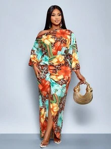 SOLERSUN 大码女式秋冬时尚优雅长袖斜肩露肩前高叉腰长裙，多色花朵豹纹印花，适合度假、工作、婚礼、节日、夏季（图案随机） - 橘色 - 查看 3