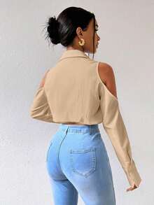 Zolique Solid Textured Button Front Cold-Shoulder Collar Blouse Women Shirt - Khaki - View 2